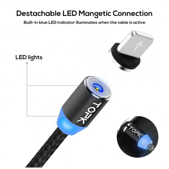 Магнітний кабель Lightning (на Iphone) для зарядки Topk, чорний