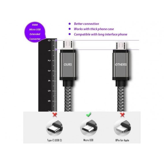 Посилений Micro USB кабель з довгим з'єднувачем