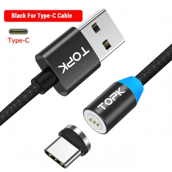 Магнітний кабель type c для швидкої зарядки TOPK, чорний