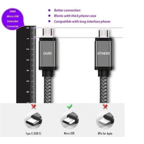 Micro USB кабель с длинным штекером 9 мм, 2 м, Черный