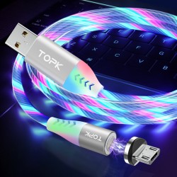 Магнитный кабель для зарядки телефона Micro USB c быстрой зарядкой светящийся, TOPK (серый)