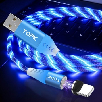 Магнитный кабель Lightning светящийся TOPK, голубой