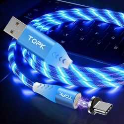 Магнитный кабель Type C для быстрой зарядки светящийся, TOPK (голубой)