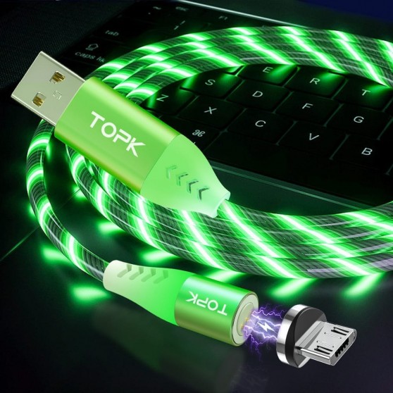 Магнітний кабель мікро USB який світиться TOPK, зелений