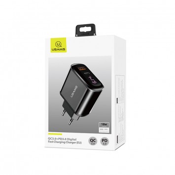Блок живлення для телефону USAMS US-CC085 T23 QC3.0+PD3.0 18W Digital Display Fast Charger （EU） (Чорний) - Мережеві ЗП (220 В) - зображення 3 