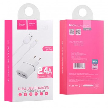 Зарядний пристрій iPhone Hoco C12 Charger + Cable Lightning 2.4A 2USB (Білий) - Мережеві ЗП (220 В) - зображення 2 