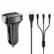 Зарядний пристрій Usams C13 2.1A Dual USB + U35 3IN1 Charging Cable (1m), Чорний