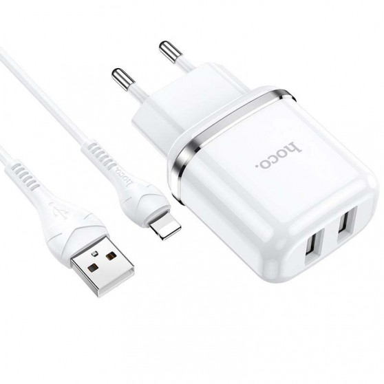 Зарядний пристрій Hoco N4 (2USB/2.4A) + Lightning, Білий