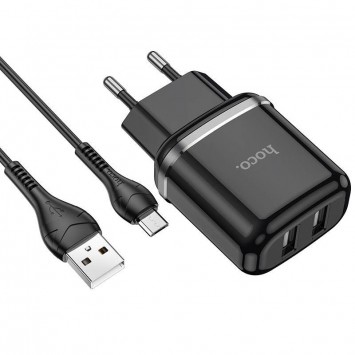 Чорний зарядний пристрій Hoco N4 з двома USB портами та MicroUSB кабелем
