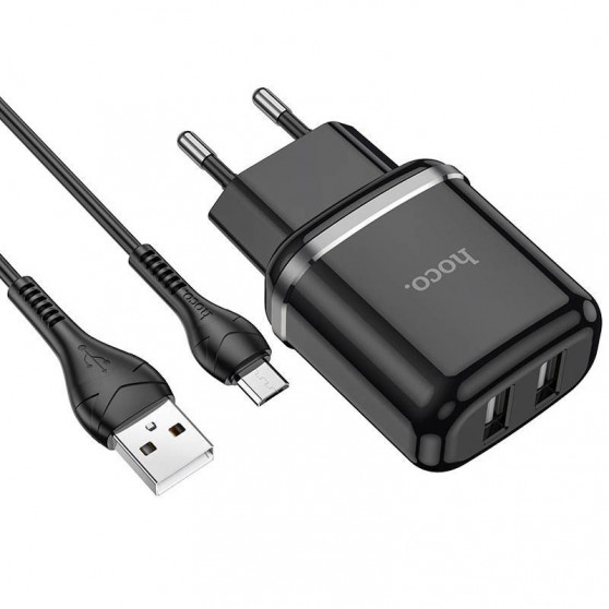 Зарядний пристрій Hoco N4 (2USB/2.4A) + MicroUSB, Чорний