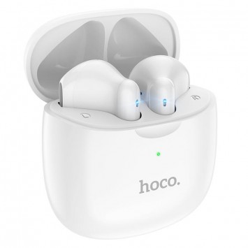 Белые Bluetooth наушники HOCO ES56, лежащие на нейтральном фоне