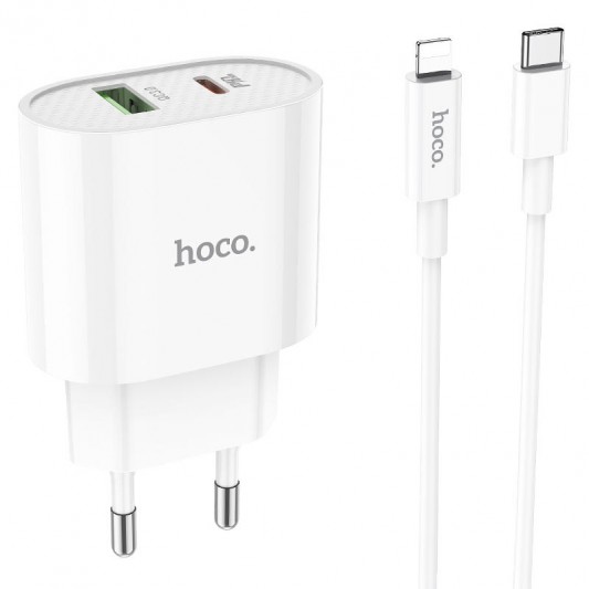 Зарядний пристрій HOCO C95A PD 20W+QC3.0 (1USB/Type-C/3A) + Type-C to Lightning, White