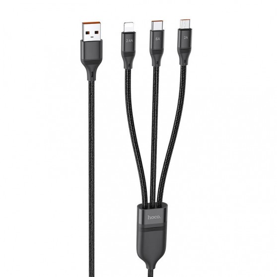 Кабель Айфона Hoco U104 Ultra 6A 3in1 Lightning-MicroUSB-Type-C (1.2m), Чорний