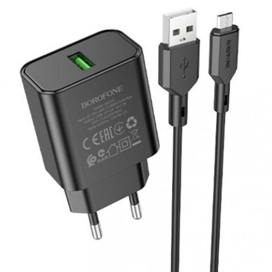 Зарядний пристрій Borofone BA72A Spring QC3.0 USB to MicroUSB, Black