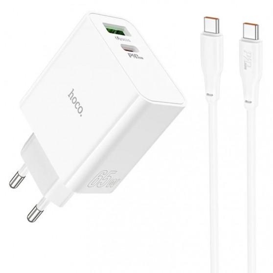 Зарядний пристрій Hoco C113A Awesome PD65W (1USB/1Type-C) + Type-C to Type-C, White