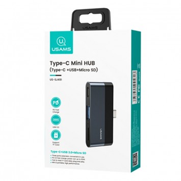 Переходник HUB Usams US-SJ491 Type-C Mini Hub (Type-C+USB+Micro SD), Темно-серый - Type-C кабели - изображение 5
