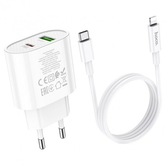 Зарядний пристрій HOCO C95A PD 20W+QC3.0 (1USB/Type-C/3A) + Type-C to Lightning, White - зображення 2 