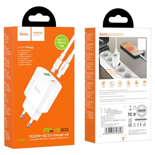 Зарядний пристрій HOCO C95A PD 20W+QC3.0 (1USB/Type-C/3A) + Type-C to Lightning, White - зображення 5 