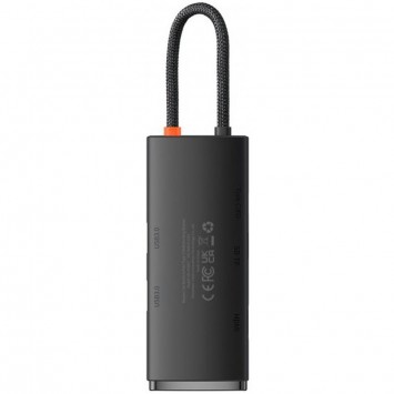 Черный переходник HUB Baseus Lite Series 6in1 со множеством портов, включая Type-C преобразователь в HDMI, 2 порта USB 3.0, PD и SD/TF слоты.