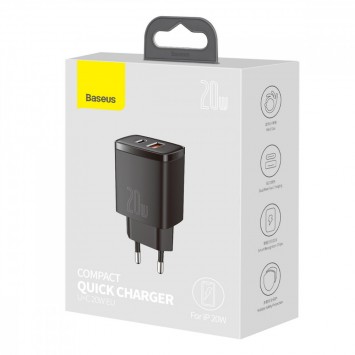 Зарядное устройство Baseus Compact Quick Charger 20W QC + PD (Type-C + 1USB) (CCXJ-B), Black - Сетевые зарядные устройства (220 В) - изображение 4