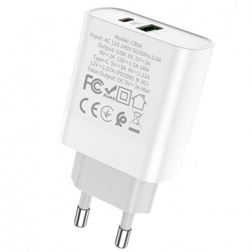 Зарядний пристрій HOCO C80A Rapido PD20W+QC3.0 Type-C+USB, Білий - Мережеві ЗП (220 В) - зображення 3 