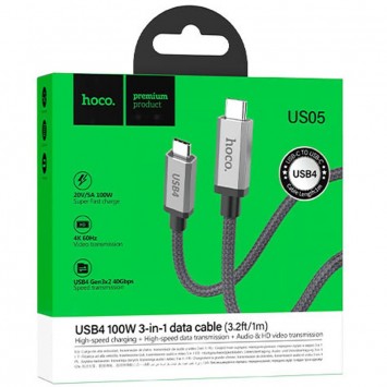 Кабель для телефону Hoco US05 Type-C to Type-C 100W USB4 40Gbps (1m), Black - Type-C кабелі - зображення 4 