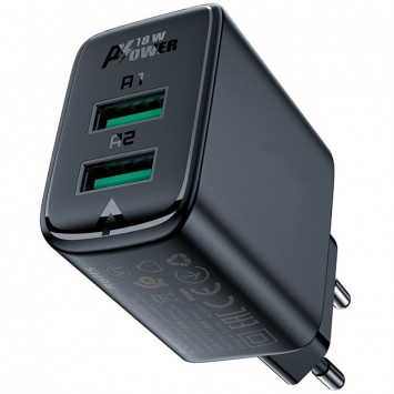 Зарядний пристрій Acefast A33 QC18W (USB-A+USB-A) dual port, Black - Мережеві ЗП (220 В) - зображення 1 