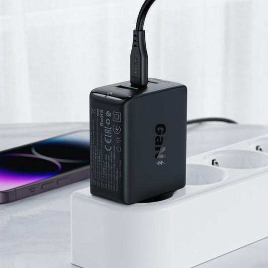 Зарядний пристрій Acefast A41 PD65W GaN (2*USB-C+USB-A), Black - зображення 3 