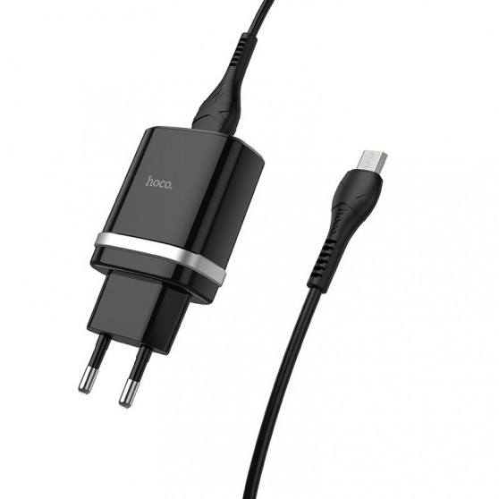 Мережевий адаптер з кабелем Hoco C12Q Smart QC3.0 (1USB/3A) + MicroUSB (Чорний)