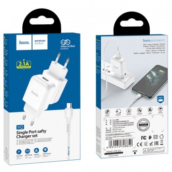 Зарядний пристрій HOCO N2 (1USB/2.1A) + USB - MicroUSB Білий - Мережеві ЗП (220 В) - зображення 4 