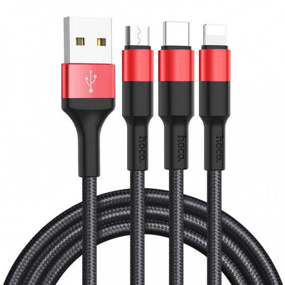 Кабель заряджання Apple Hoco X26 Xpress 3in1 Lightning -MicroUSB-Type-C (1m) Чорний / Червоний