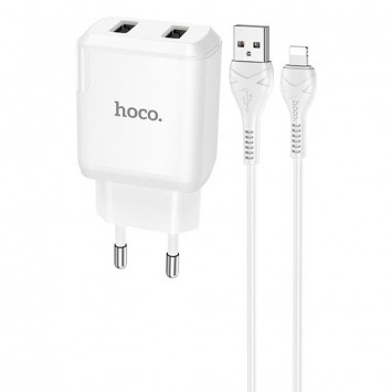Зарядний пристрій HOCO N7 (2USB/2,1A) + USB - Lightning Білий