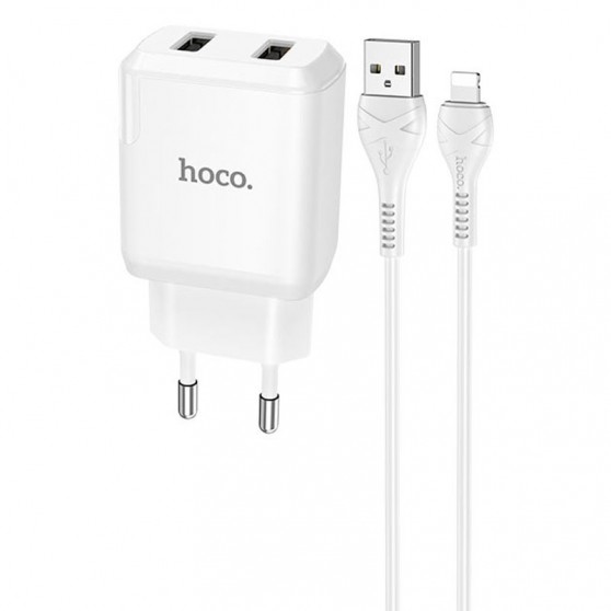 Зарядний пристрій HOCO N7 (2USB/2,1A) + USB - Lightning Білий