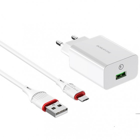 Зарядний пристрій для телефона - Borofone BA21A Long journey QC3.0 (1USB/3A) + MicroUSB Білий