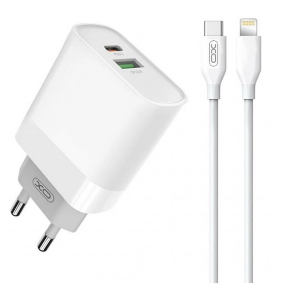 Блок живлення XO-L81A з кабелем Type-C - Lightning (Iphone) Швидка зарядка Quick Charge 3.0 USB 18W + Type C (PD 20W) Білий