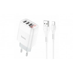 Блок живлення hoco. C93A 3 USB + дисплей + кабель lightning-USB / до 3.4 Ампер / Білий