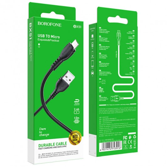 Кабель зарядки для телефона, планшета Borofone BX51 Triumph USB to MicroUSB (1m) Черный - изображение 3