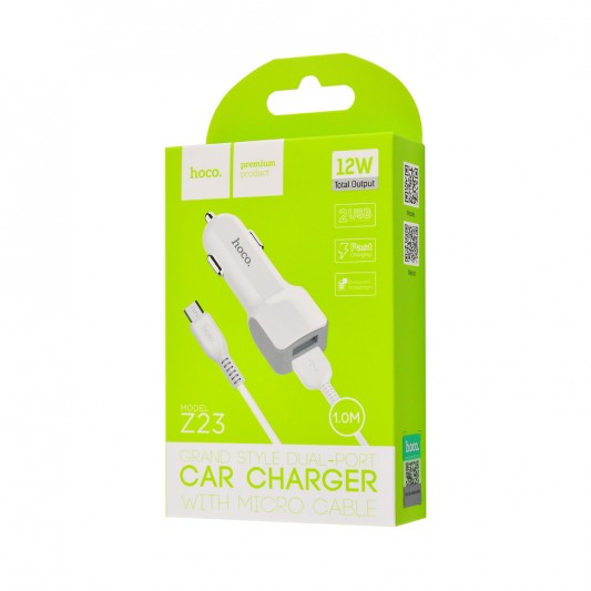 Автомобильная зарядка для телефона Hoco Z23 Grand Style + Cable (Micro) 2.4A 2USB Белый - изображение 7