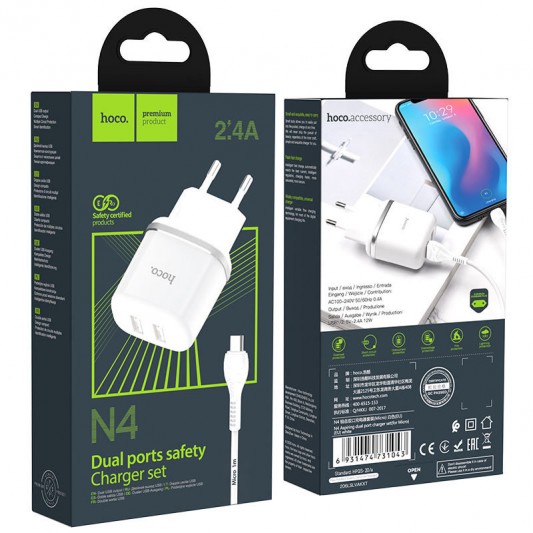Зарядний пристрій Hoco N4 (2USB/2.4A) + MicroUSB Білий - зображення 4 