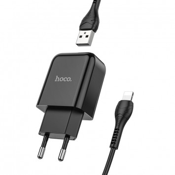 Зарядний пристрій HOCO N2 (1USB/2.1A) + USB - Lightning Чорний - Мережеві ЗП (220 В) - зображення 1 
