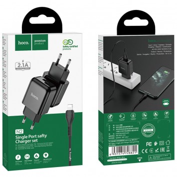 Зарядний пристрій HOCO N2 (1USB/2.1A) + USB - Lightning Чорний - Мережеві ЗП (220 В) - зображення 4 