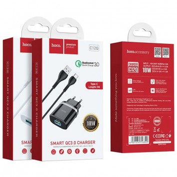 Зарядний пристрій для телефона - Hoco C12Q Smart QC3.0 (1USB/3A) + Type-C Чорний - Мережеві ЗП (220 В) - зображення 5 