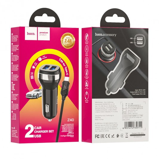 Автомобильная зарядка для телефона Hoco Z40 (2USB 2.4A) + Type-C Черный - изображение 4