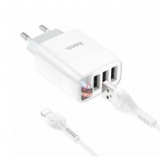 Блок питания hoco. C93A / 3 USB + дисплей + кабель Lightning - USB / до 3.4 Ампер / Белый