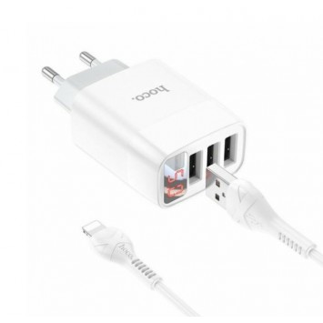 Блок живлення hoco. C93A 3 USB + дисплей + кабель lightning-USB / до 3.4 Ампер / Білий - Мережеві ЗП (220 В) - зображення 2 