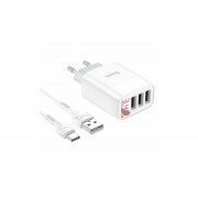 Блок питания hoco. C93A / 3 USB + дисплей + кабель Type-C - USB / до 3.4 Ампер / Белый
