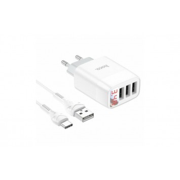 Блок питания hoco. C93A / 3 USB + дисплей + кабель Type-C - USB / до 3.4 Ампер / Белый - Сетевые зарядные устройства (220 В) - изображение 3