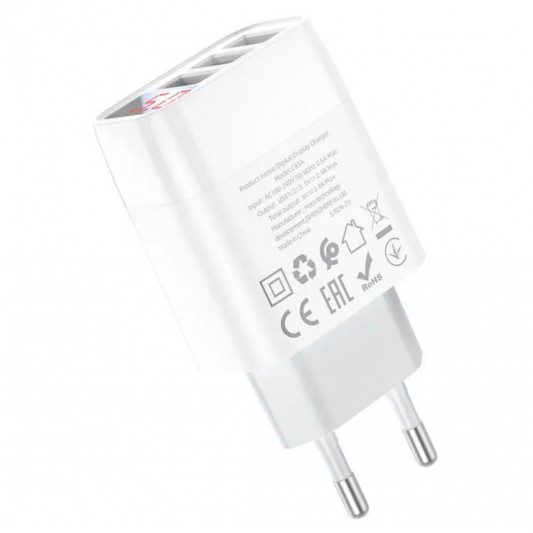 Блок живлення hoco. C93A / 3 USB + дисплей + кабель Type-C-USB / до 3.4 Ампер / Білий - зображення 5 