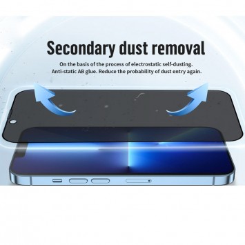 Защитное 2.5D стекло Blueo Full Cover Anti-Peep для iPhone 14 Pro Max на белом фоне, обеспечивающее конфиденциальность данных