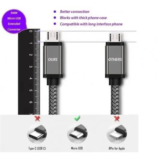 Micro USB кабель с длинным штекером 9 мм, 2 м, Черный - изображение 2